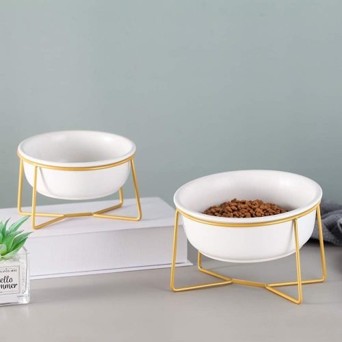 Ceramic Dog Bowls Elevated Tilted - Raised Dog Bowl with Metal Stand