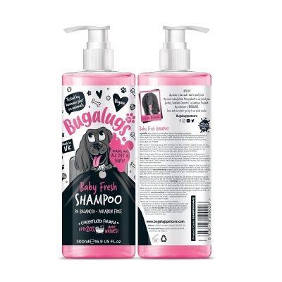 BUGALUGS Baby Fresh Dog Shampoo 500ml dog grooming products for smelly dogs with baby powder scent