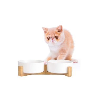 Ceramic Dog Bowl Set- Cat Dog Bowls with Non Slip Wood Stand