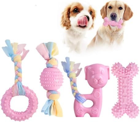 JYPS Puppy Dog Teething Toys, 4pcs Puppy Chew Toy Set with Ball and Cotton Ropes
