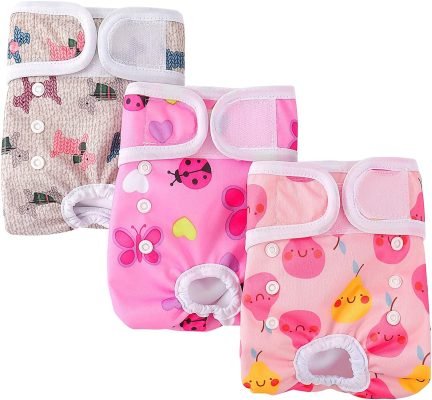 COMSLE Dog Nappies Female X Small 3 Pack, Dog Period Heat Pants in Season, Super Absorbent & Adjustable Sanitary Reusable Doggy Puppy Diapers