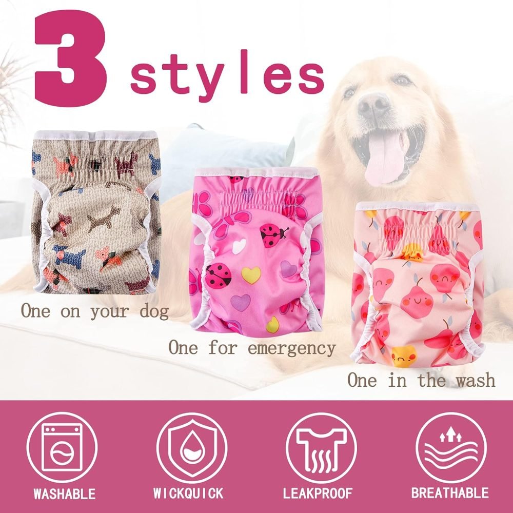 COMSLE Dog Nappies Female X Small 3 Pack, Dog Period Heat Pants in Season, Super Absorbent & Adjustable Sanitary Reusable Doggy Puppy Diapers