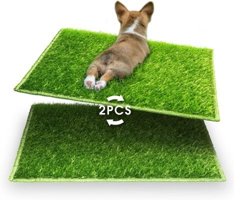 Hompet Dog Potty for Indoor or Porch, 2 Pcs Artificial Grass Training Pads with Pee Baffle, Reusable Dog Grass Pad with Tray