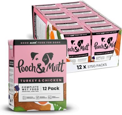 Pooch & Mutt – Turkey & Chicken Pack of Complete Wet Dog Food, Dry Dog Food Topper, 12x375g